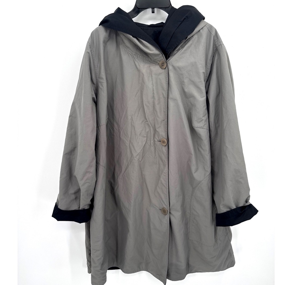 Eileen Fisher Women Reversible Hooded Jacket 1X XL Black Grey Button Rain Coat